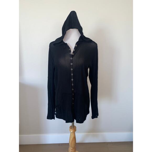Tripp NYC Mesh Hoodie Top Snap Front Black L/S Size Large - Picture 2 of 9